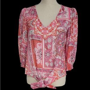 Olivia + Martin Pink  Boho V neck 3/4 Sleeves blouse size Small